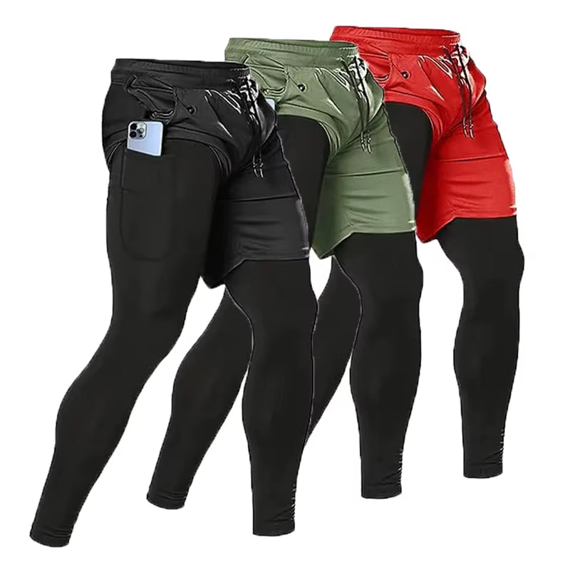 Compression Running Pants Men Double-Deck 2 in 1 Sportswear Jogging Trousers Gym Training Tracksuit Workout Sport Sweatpants Men