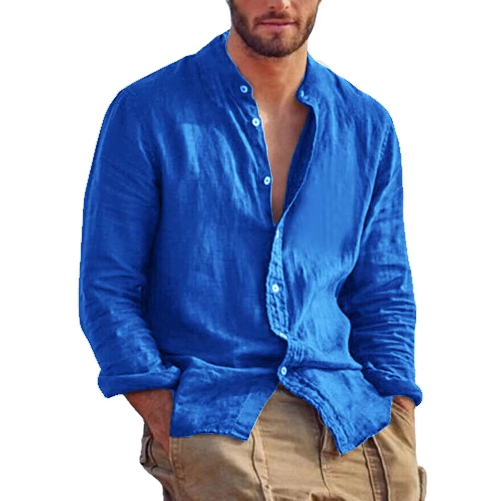 New Men'S Solid Color Long Sleeve Shirt Linen Cotton Shirts Trend Plus-Size Stand Collar Casual Lightweight Beach Tops