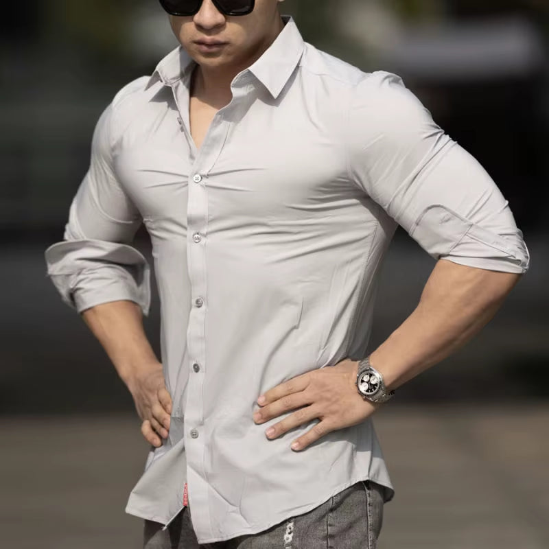 2023 New Spring and Autumn Fashion Men'S Polo Neck Sports Fitness Show Muscle No Iron Solid Elastic Slim Fit Long Sleeve Shirt