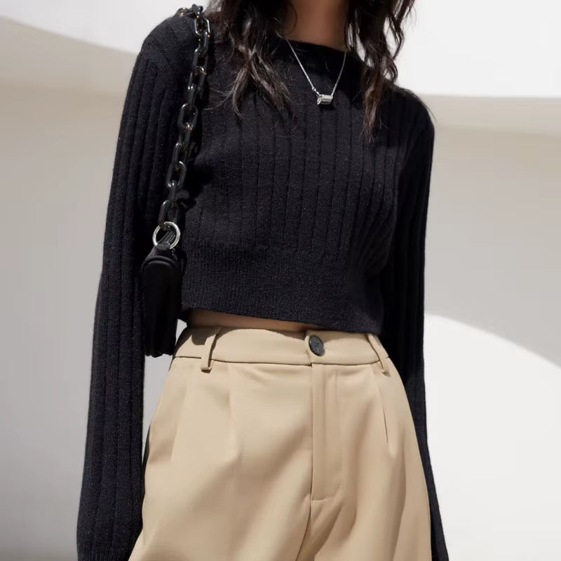 Knit Cropped Sweaters Women Simple Solid Loose Chic Cozy Leisure All-Match Streetwear Students Ulzzang Harajuku Y2K Ins Fashion