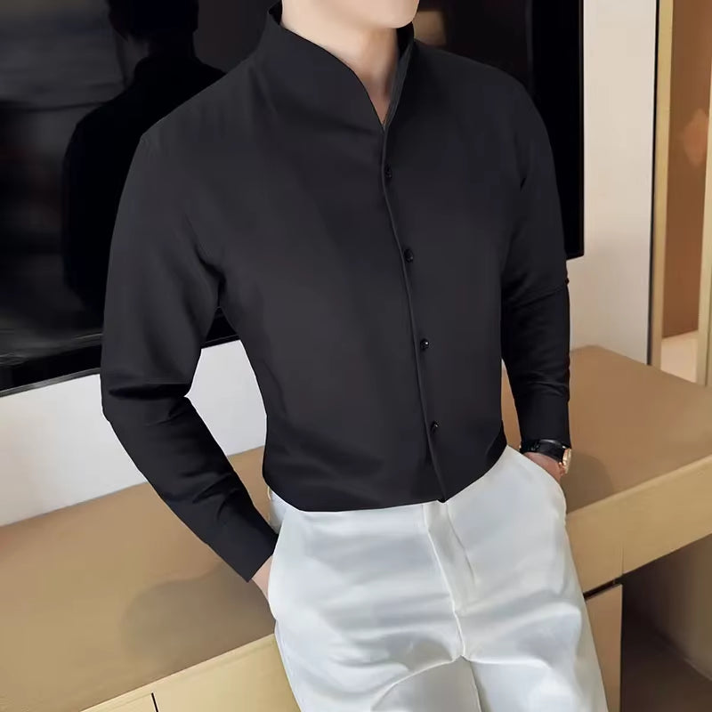 Men V-Neck Shirt 2024 Spring New British Style Anti-Wrinkle Soft Solid Casual Elastic Slim Fit Long Sleeved Shirt Men Clothing