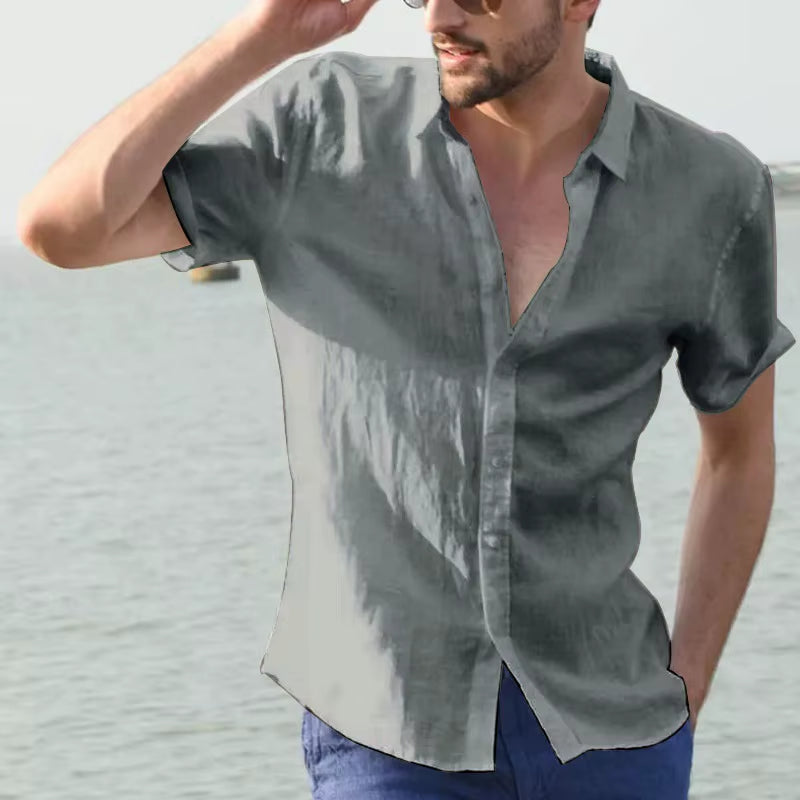 Summer Cotton Linen Shirts for Men Casual Short Sleeved Shirts Blouses Solid Turn-Down Collar Formal Beach Shirts Male Clothing