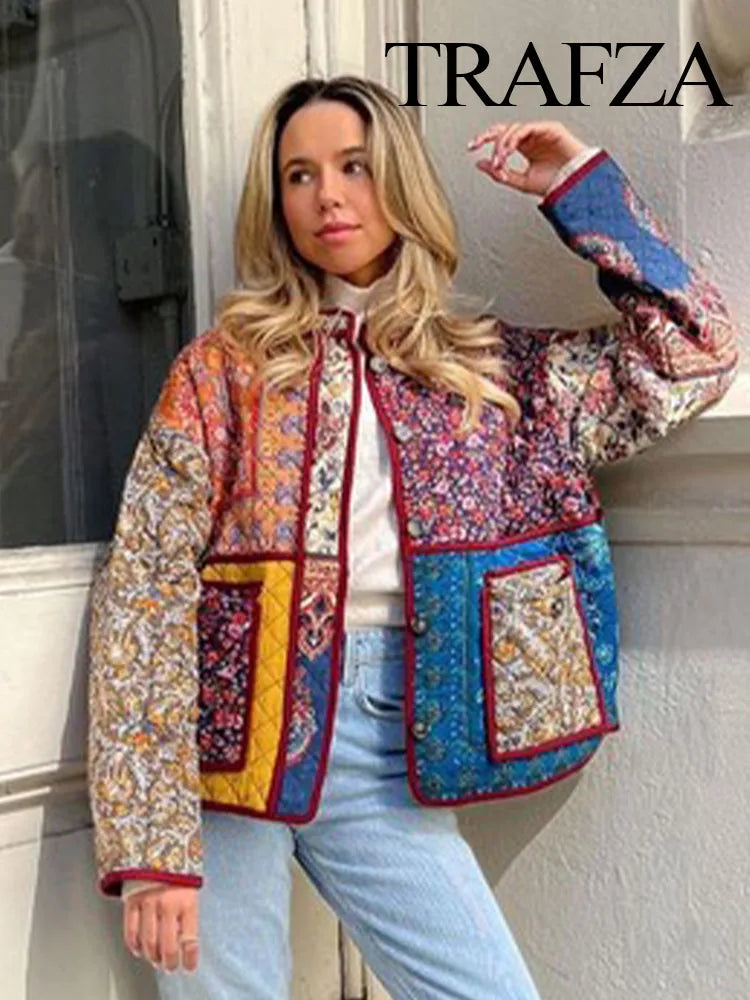 2024 New Floral Printed Cotton Jacket for Women Long Sleeve Patchwork Pocket Contrasting Colors Button Ethnic Causal Coat