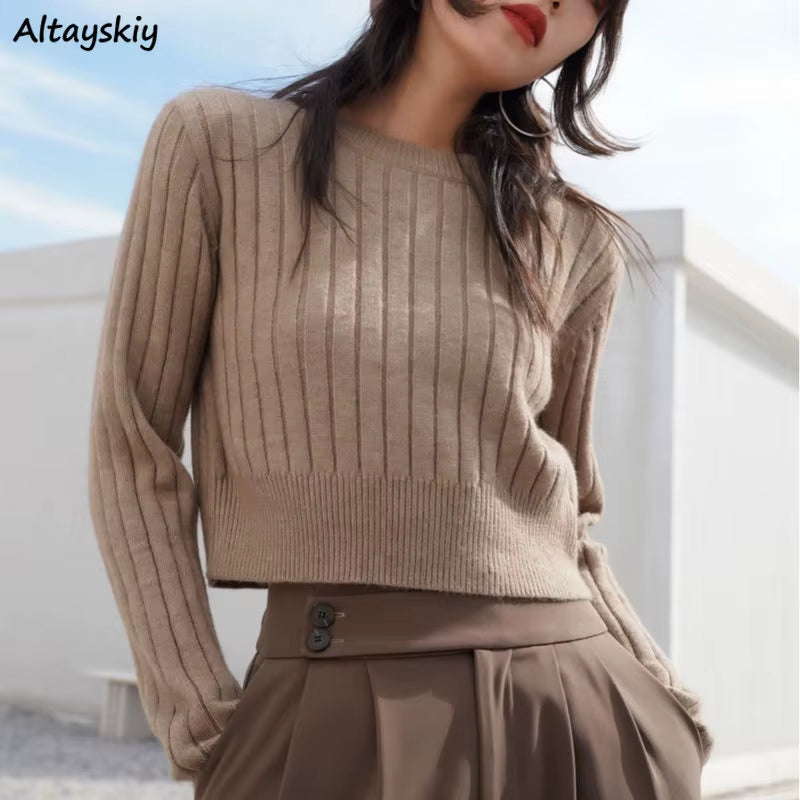 Knit Cropped Sweaters Women Simple Solid Loose Chic Cozy Leisure All-Match Streetwear Students Ulzzang Harajuku Y2K Ins Fashion