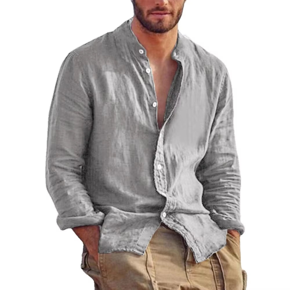 New Men'S Solid Color Long Sleeve Shirt Linen Cotton Shirts Trend Plus-Size Stand Collar Casual Lightweight Beach Tops