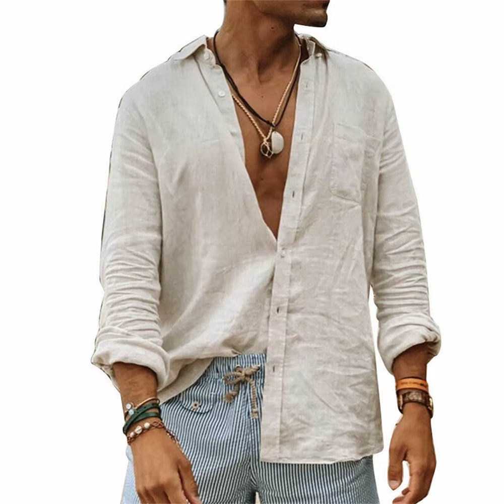 2024 Men Casual Cotton Linen Shirtsstanding Collar Male Solid Color Long Sleeves Loose Tops Spring Autumn Handsome Men'S Shirts