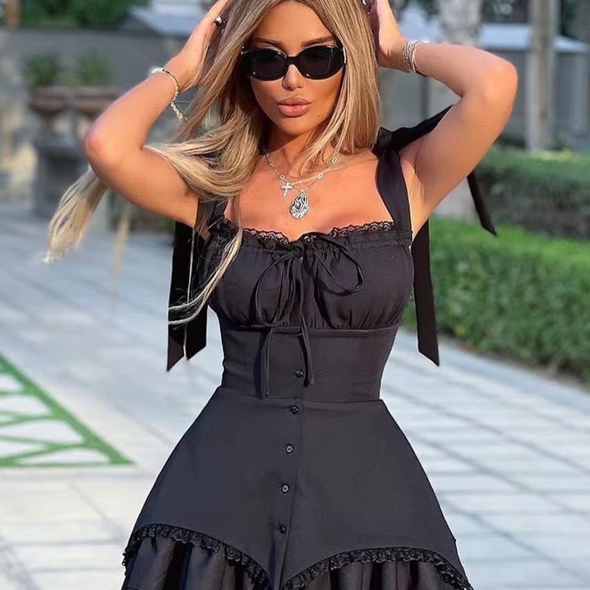 Fashion Slim Black Women'S Dress 2024 Summer Strap Sleeveless Mini Dress Elegant High Waist Pleated Party Dresses Female