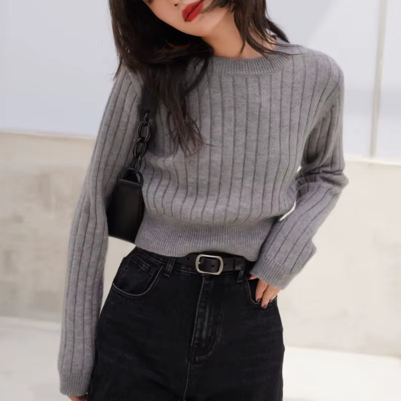 Knit Cropped Sweaters Women Simple Solid Loose Chic Cozy Leisure All-Match Streetwear Students Ulzzang Harajuku Y2K Ins Fashion