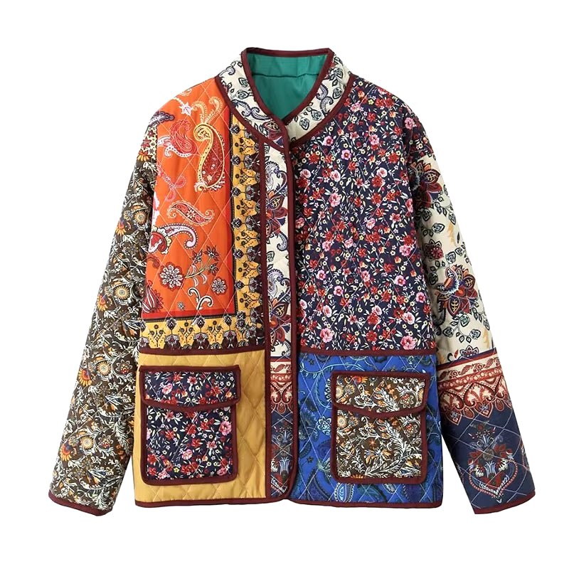 2024 New Floral Printed Cotton Jacket for Women Long Sleeve Patchwork Pocket Contrasting Colors Button Ethnic Causal Coat