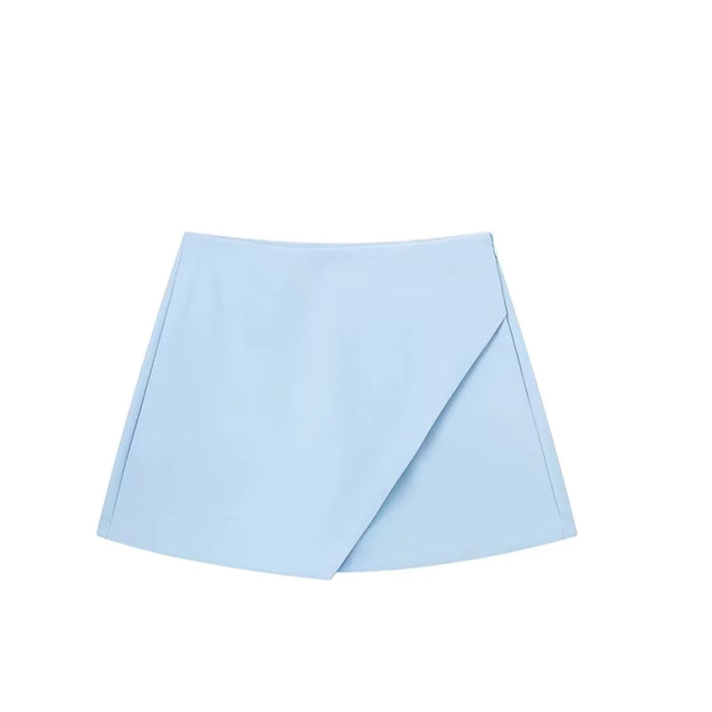 TRAFZA Women Fashion 2025 Casual Mini Asymmetrical Skirts Shorts High Waist Back Pockets Wide Leg Skirts Zipper Female Shorts