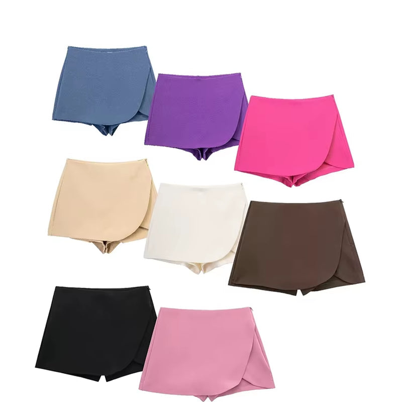 TRAFZA Women Fashion 2025 Casual Mini Asymmetrical Skirts Shorts High Waist Back Pockets Wide Leg Skirts Zipper Female Shorts