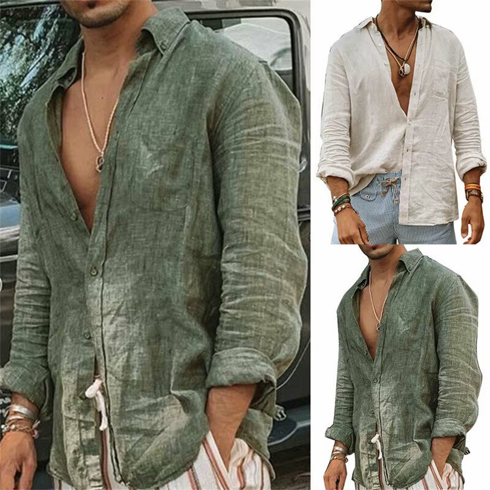 2024 Men Casual Cotton Linen Shirtsstanding Collar Male Solid Color Long Sleeves Loose Tops Spring Autumn Handsome Men'S Shirts