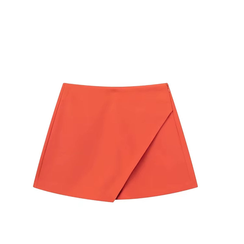 TRAFZA Women Fashion 2025 Casual Mini Asymmetrical Skirts Shorts High Waist Back Pockets Wide Leg Skirts Zipper Female Shorts